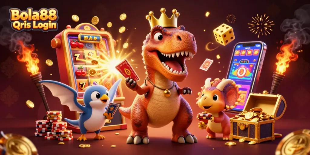 Bola88 Qris Login showcases an animated scene with a playful T-Rex and friends engaging in casino fun.