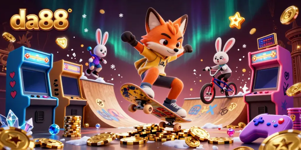 Enjoy epic gaming at da88 with a skateboarder fox and BMX rabbit in a vibrant casino scene