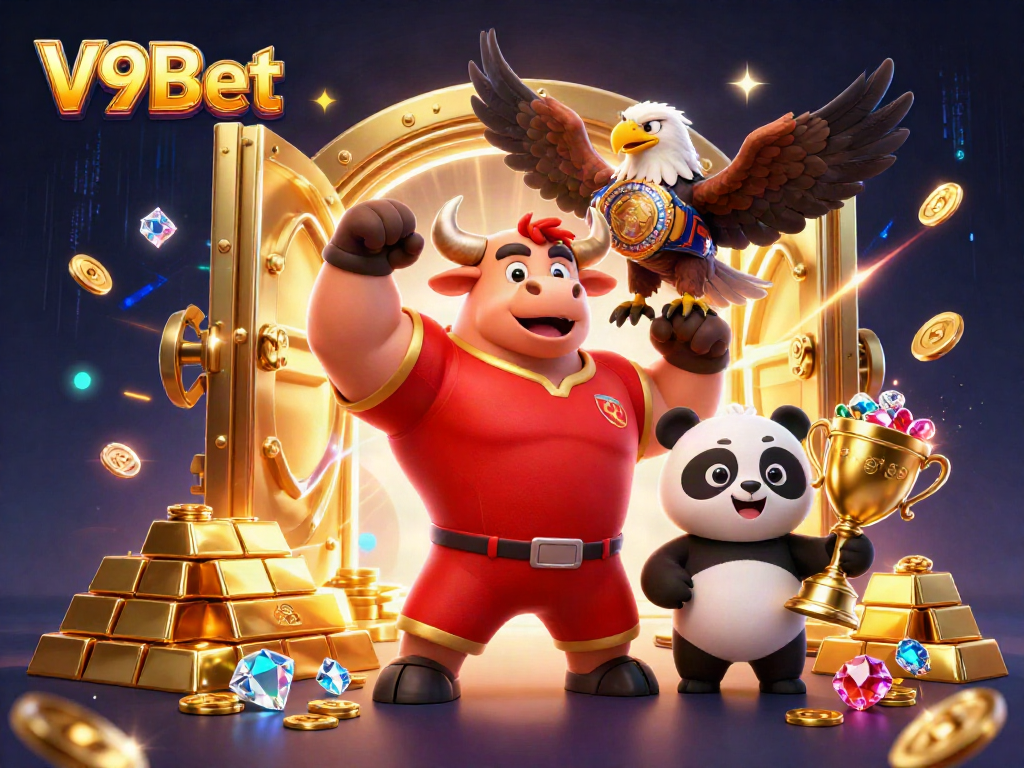 Celebrate your wins at V9Bet with a vibrant 3D illustration showcasing fun characters and treasure elements.