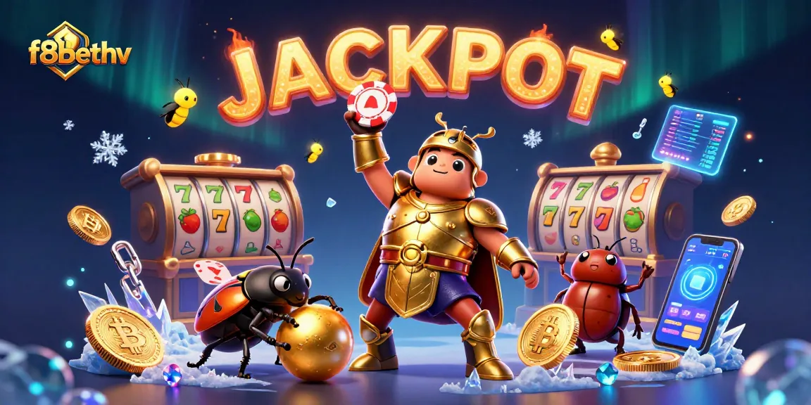 Engage with f8bethv's thrilling slots and jackpot excitement captured in a vibrant 3D illustration.