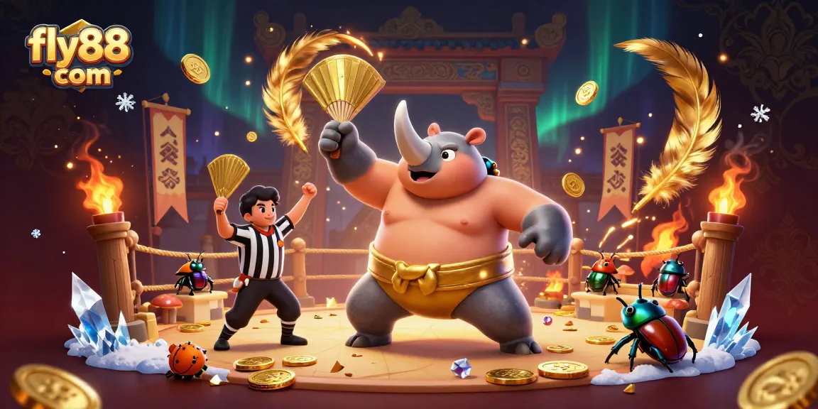 Experience thrilling wagers with fly88 com as a rhinoceros beetle champion earns riches amidst a colorful casino clash.