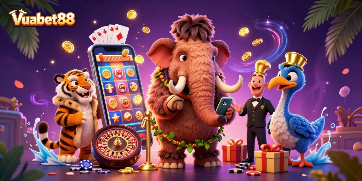 Vuabet88 casino scene showcasing a mammoth bouncer verifying IDs among glamorous gaming elements.