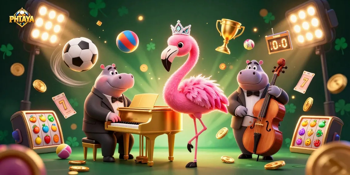 PHTAYA showcases a vibrant casino scene with a flamingo singer and hippo bassist amidst animated sports and slot elements.