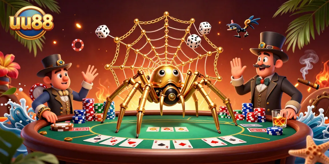Experience the thrill of uu88 with a steampunk spider and poker chips in this vibrant illustration.