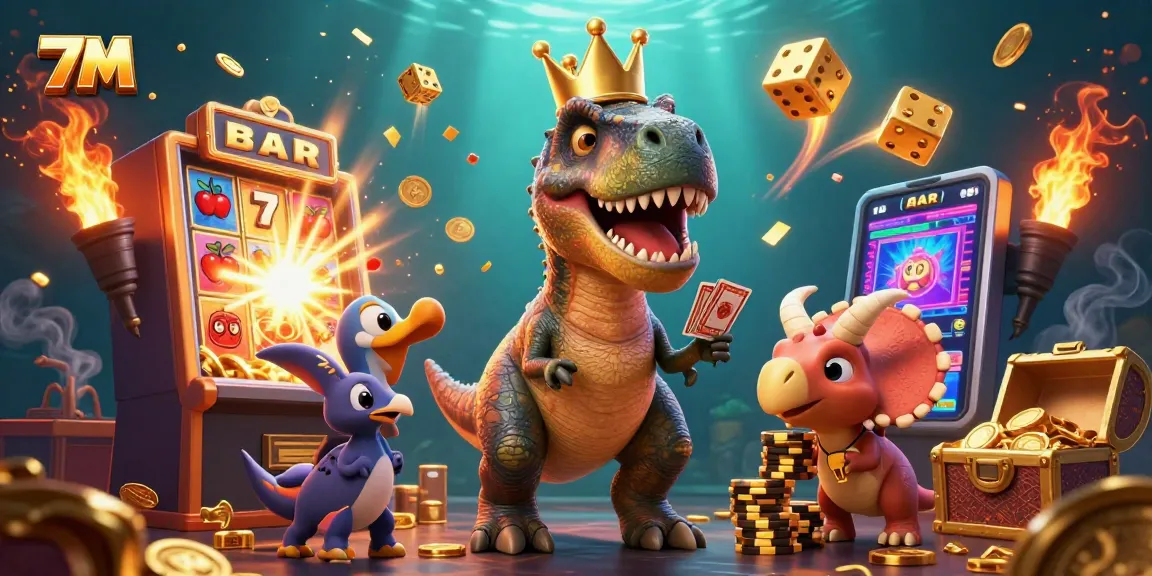 Engage in thrilling gaming with 7M’s friendly dinosaur characters spinning slots and stacking chips.