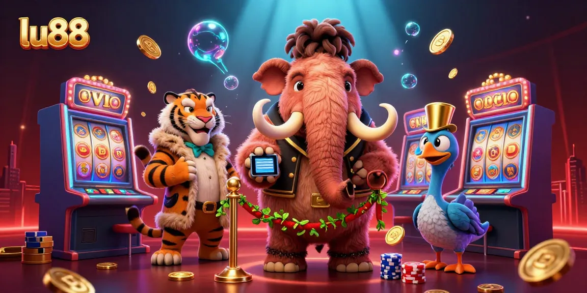 Experience thrilling slots at lu88 with a vibrant casino scene featuring engaging cartoon characters.