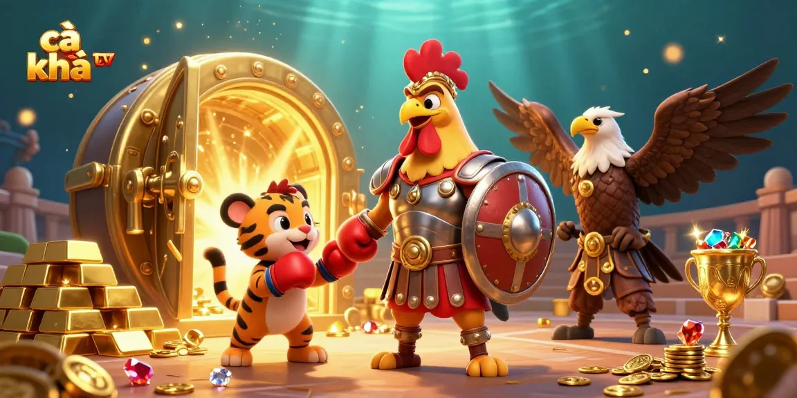 Cà khịa tv showcases a vibrant 3D gladiator rooster scene packed with treasures symbolizing riches and opportunity.