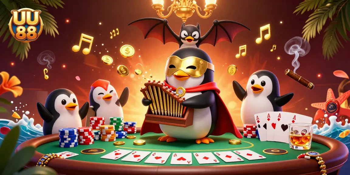 Experience the thrilling energy of UU 88 as a penguin plays a golden organ amidst flying poker chips.