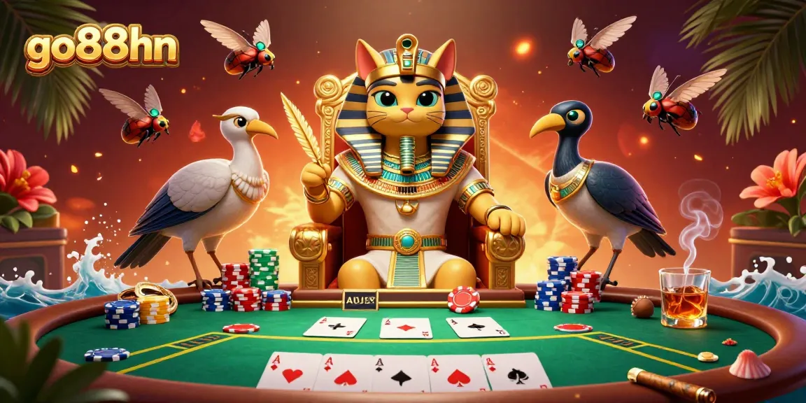Experience go88hn's captivating casino scene with a vibrant poker table, Egyptian-themed characters, and rich details.