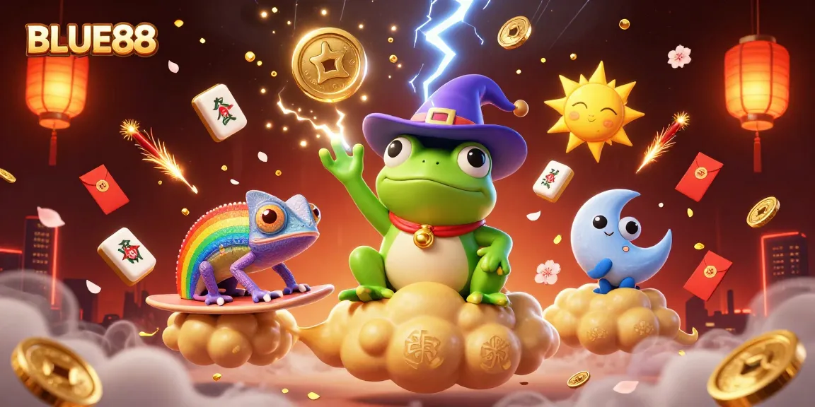 Experience thrilling gaming with BLUE88 as a chameleon swims through a golden storm of luck and prosperity.