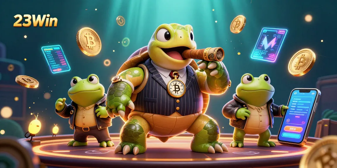 Engage with thrilling gameplay at 23Win, featuring unique 3D illustration of a snapping turtle and bullfrog enforcers.