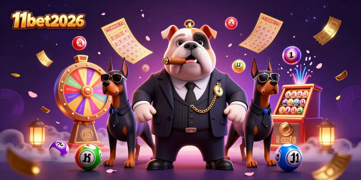 Engaging 3D scene showcasing 11bet2026 casino fun with a mafia bulldog and lottery elements.