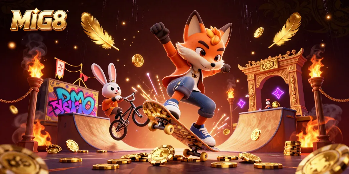 MIG8 features a lively 3D illustration of a fox skateboarding and a rabbit BMX stunt in a dynamic casino-themed atmosphere.