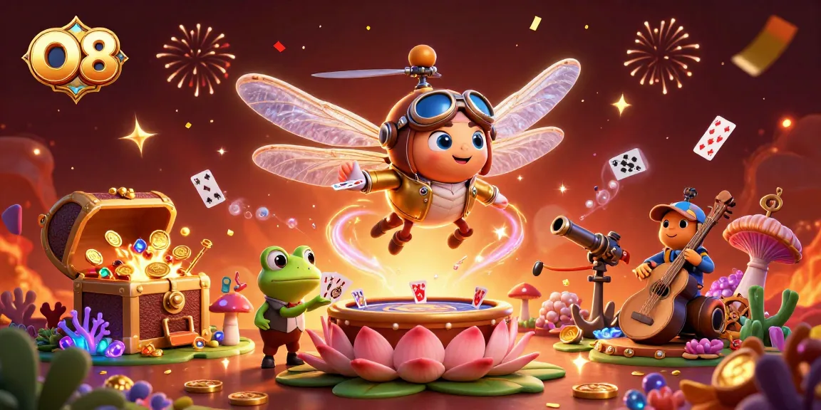 Experience the thrill of O8's vibrant casino with a lively dragonfly pilot and frog dealer in action.