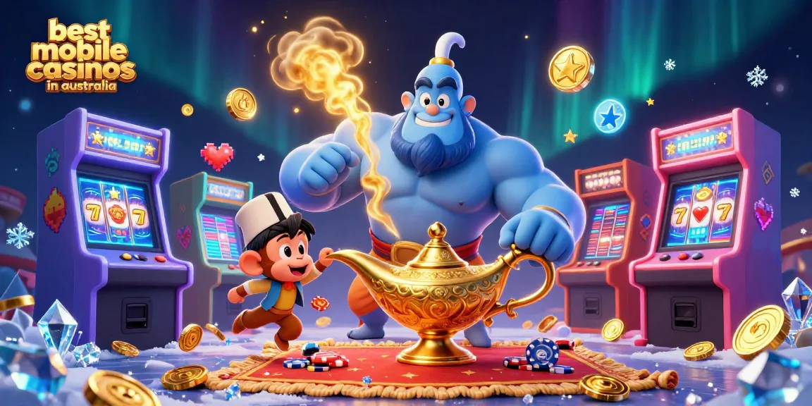Experience the excitement at the best mobile casinos in Australia with vibrant gaming characters and casino elements.