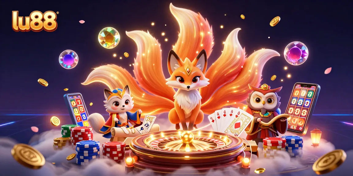 Experience the vibrant world of lu88 as the nine-tailed fox and wise owl celebrate exciting casino moments.