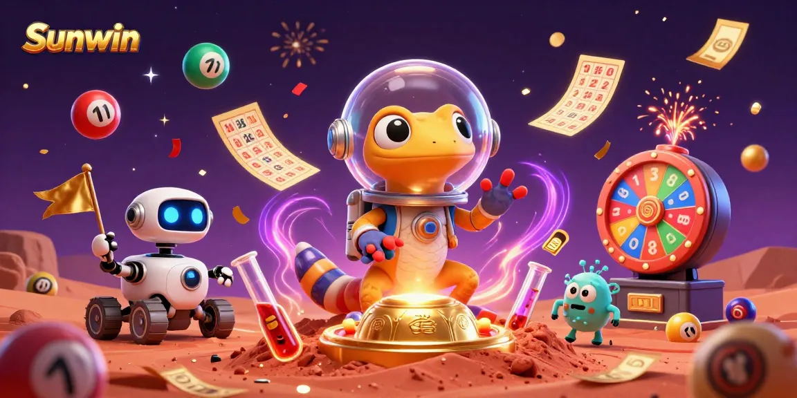 Engage with Sunwin as the Martian gecko uncovers a golden casino amidst a vibrant galaxy.
