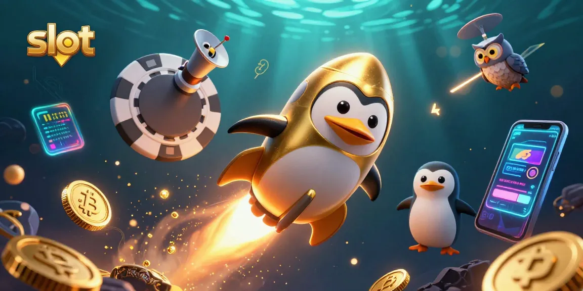 Slot untuk meraih jackpot dalam ilustrasi 3D yang menampilkan penguin emas meluncur menuju kasino.