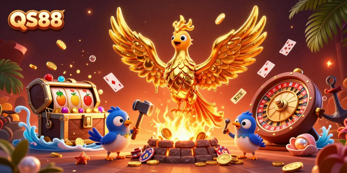 Experience thrilling wins at QS88 with a 3D illustration of gaming excitement, showcasing vibrant casino elements.