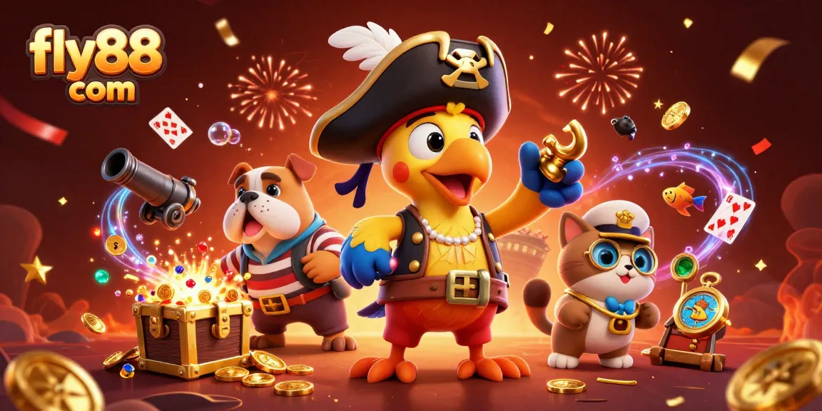 Join the excitement at fly88 com with this 3D casino illustration showcasing vibrant pirate-themed elements.