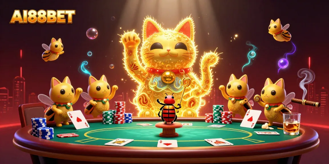 Experience an exciting atmosphere at AI88BET with a vibrant lucky cat in a poker scene.