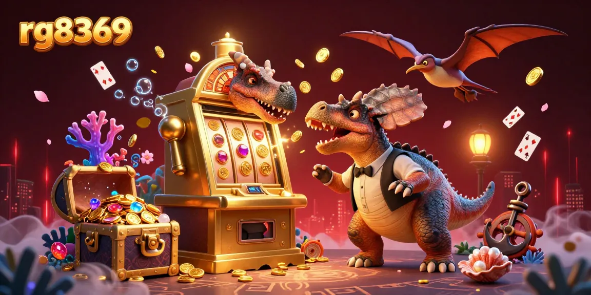 Spin and win with rg8369 as a pachycephalosaurus makes a golden slot machine pay out coins.