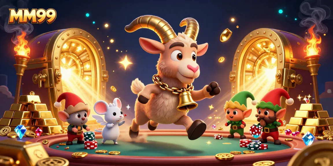 Experience the excitement of MM99 casino with cartoon characters amidst dazzling treasures!