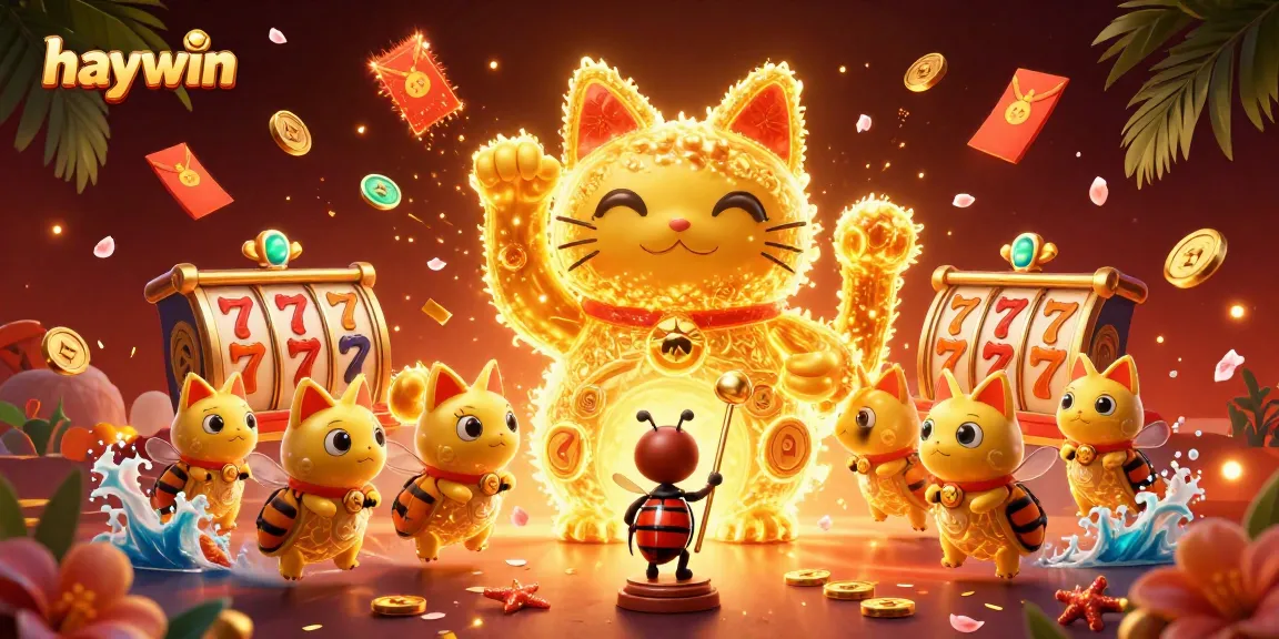 Experience the excitement of haywin with a vibrant scene featuring a lucky cat formed by fireflies and iconic gaming elements.