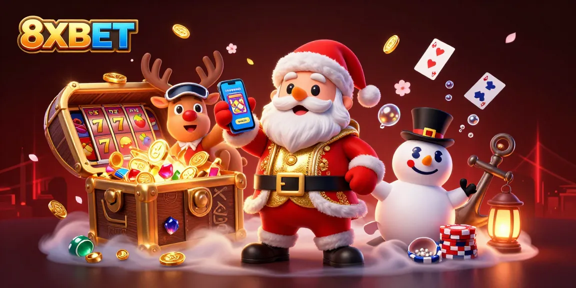 8XBET Santa Claus and friends enjoying jackpot slots in a vibrant casino-themed illustration.