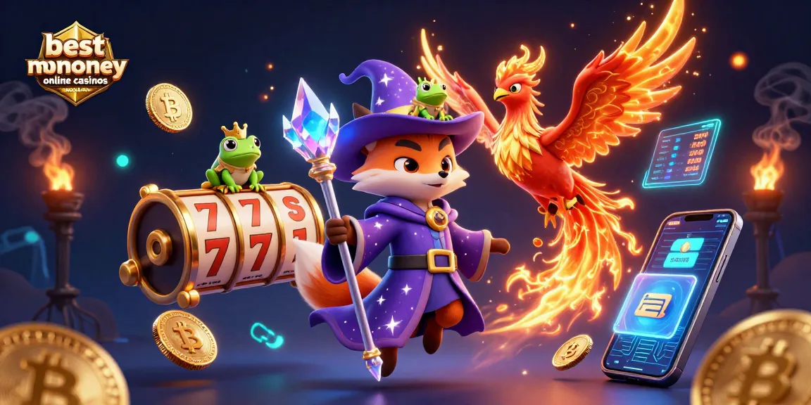 Explore best real money online casinos Australia through a mystical 3D illustration featuring a wizard fox, phoenix, and crypto elements.