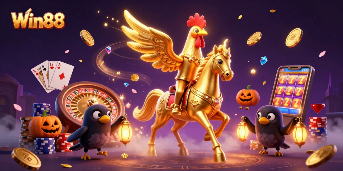 Win88 enchants players with a golden rooster, cascading coins, and vibrant casino elements.
