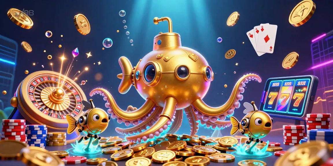 Experience thrilling gameplay with td88 featuring a golden kraken submarine amidst golden coins and vibrant casino elements.