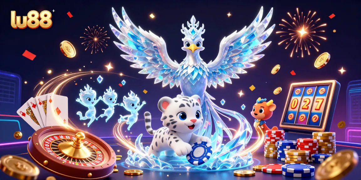Experience thrilling gaming action at lu88 with a stunning visual of an ice phoenix and colorful casino elements.
