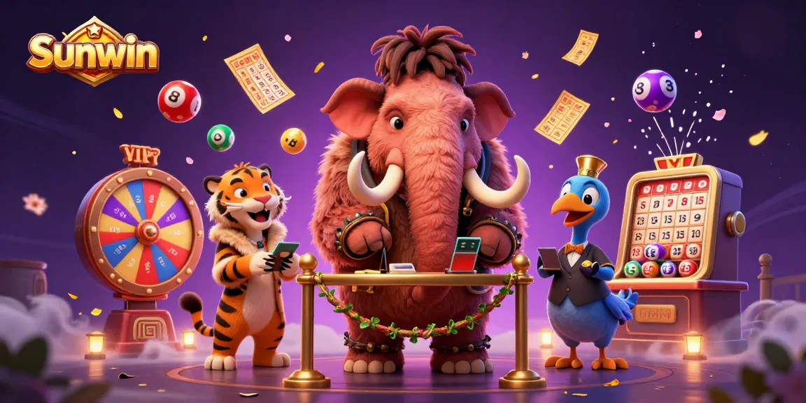 Sunwin showcases a dynamic casino scene with vibrant elements and entertaining characters.