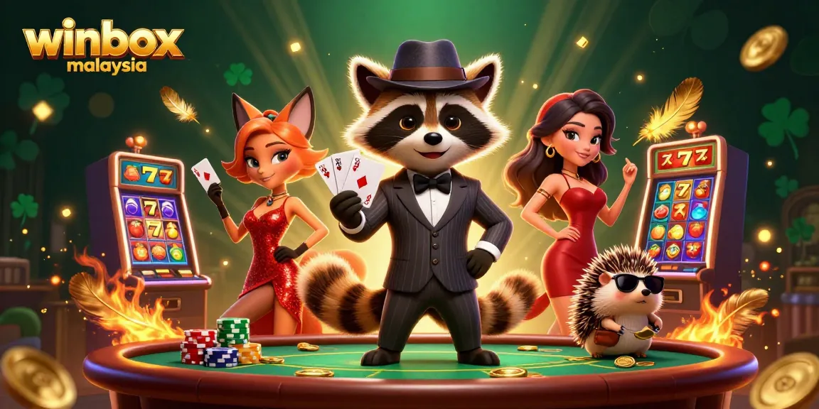 Play thrilling games on winbox malaysia with a suave raccoon dealer and charming fox companion in a vibrant casino scene.