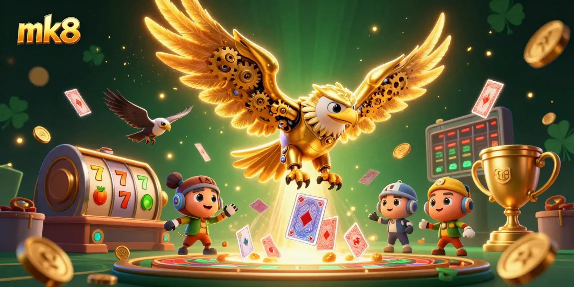 Experience thrilling mk8 gameplay with a cybernetic eagle amidst slot reels and glowing trophies.