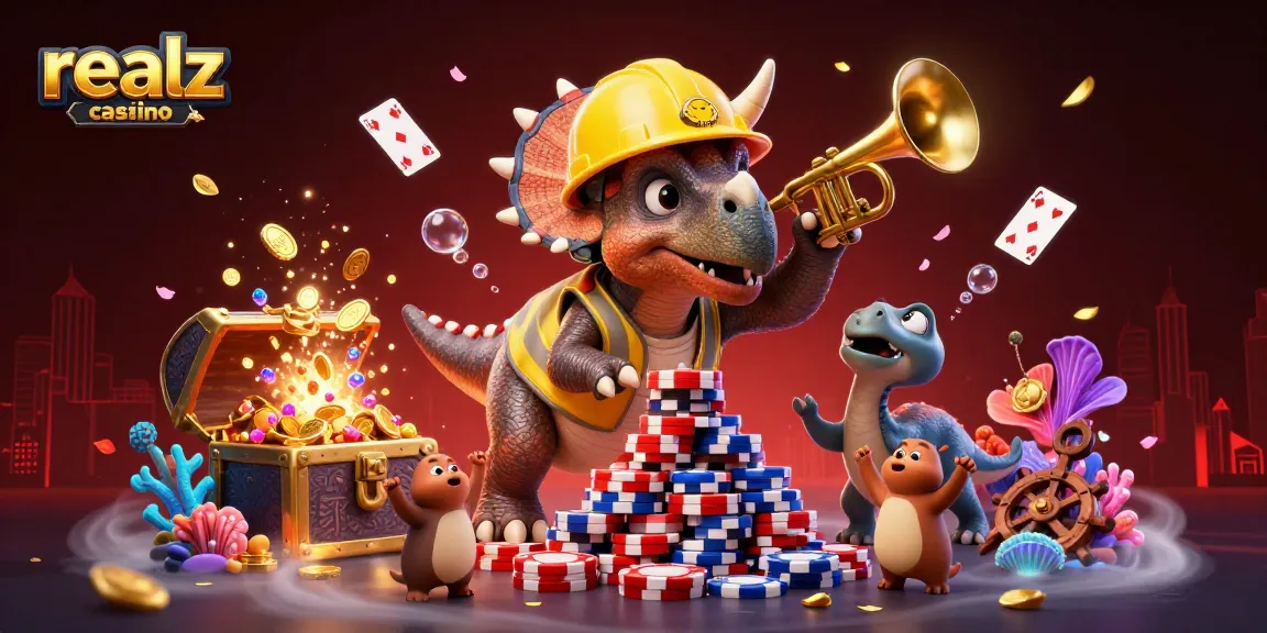 Experience thrilling gameplay at realz casino with this dynamic 3D illustration of fun and excitement.