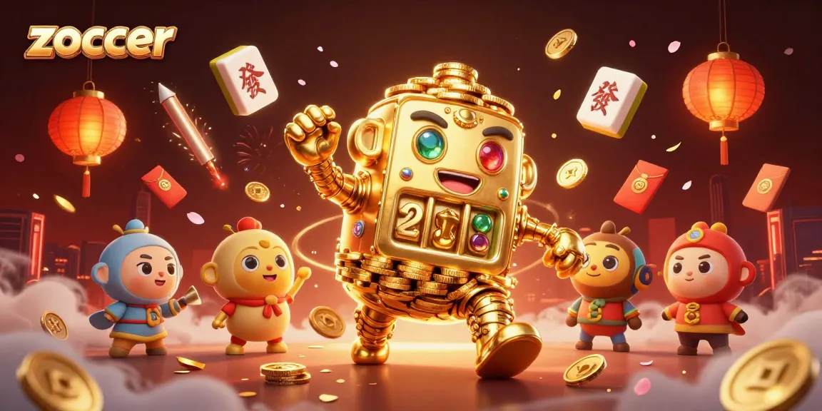 Experience the excitement of zoccer with a golden golem and casino elements in a dynamic 3D illustration.