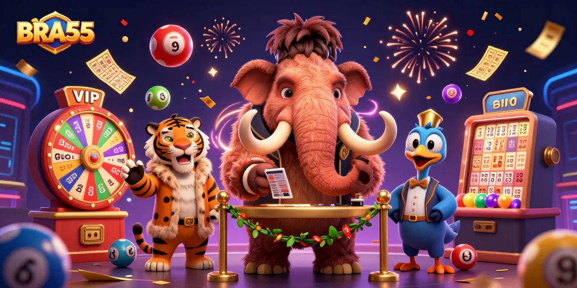 BRA55 hosts a vibrant casino scene with a woolly mammoth bouncer, saber-tooth tiger VIP, and a colorful lottery backdrop.