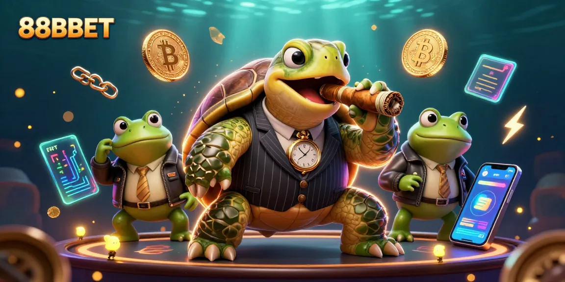 Experience the exciting world of 88BBET featuring a mobster turtle and crypto elements in a dynamic casino scene.