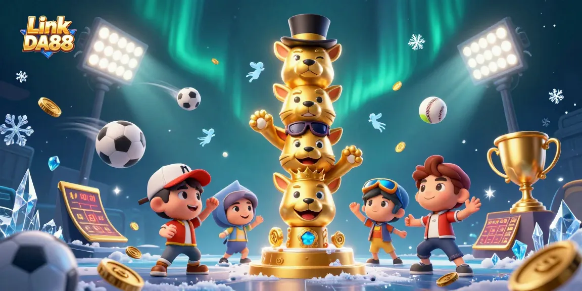 Engage with Link DA88's vibrant sports betting scene featuring 3D cartoon characters and dynamic gambling elements.