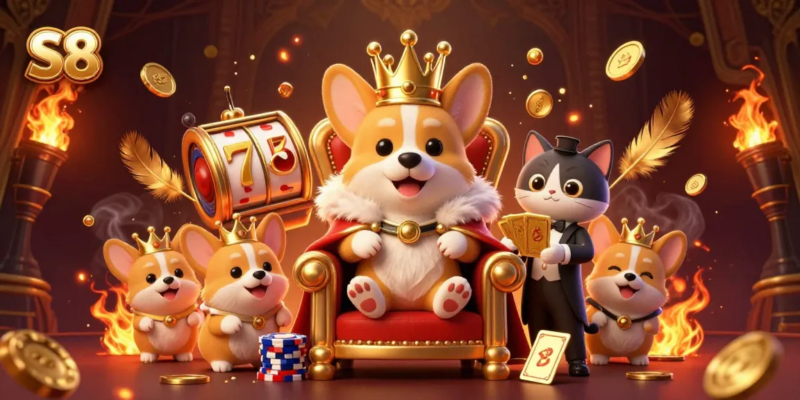 S8 slot games highlight royal corgi on a throne among golden coins and dynamic game elements.