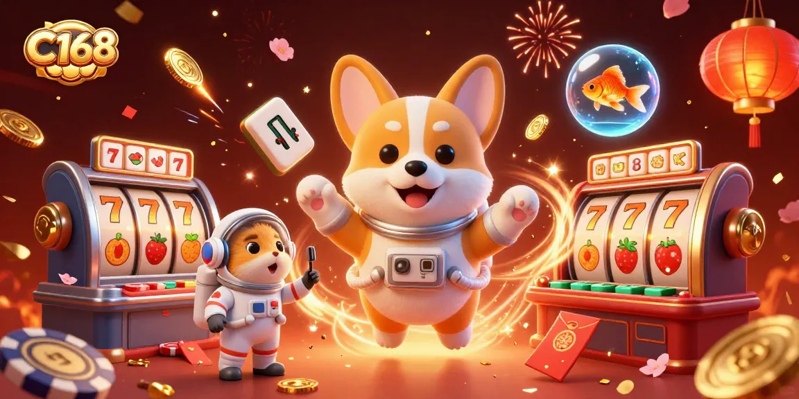 C168 casino adventure featuring a corgi astronaut playing games with festive elements