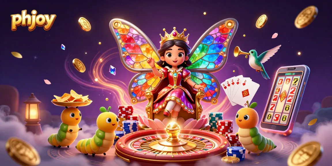 phjoy enhances your gaming with a vibrant butterfly queen in a lively casino scene.
