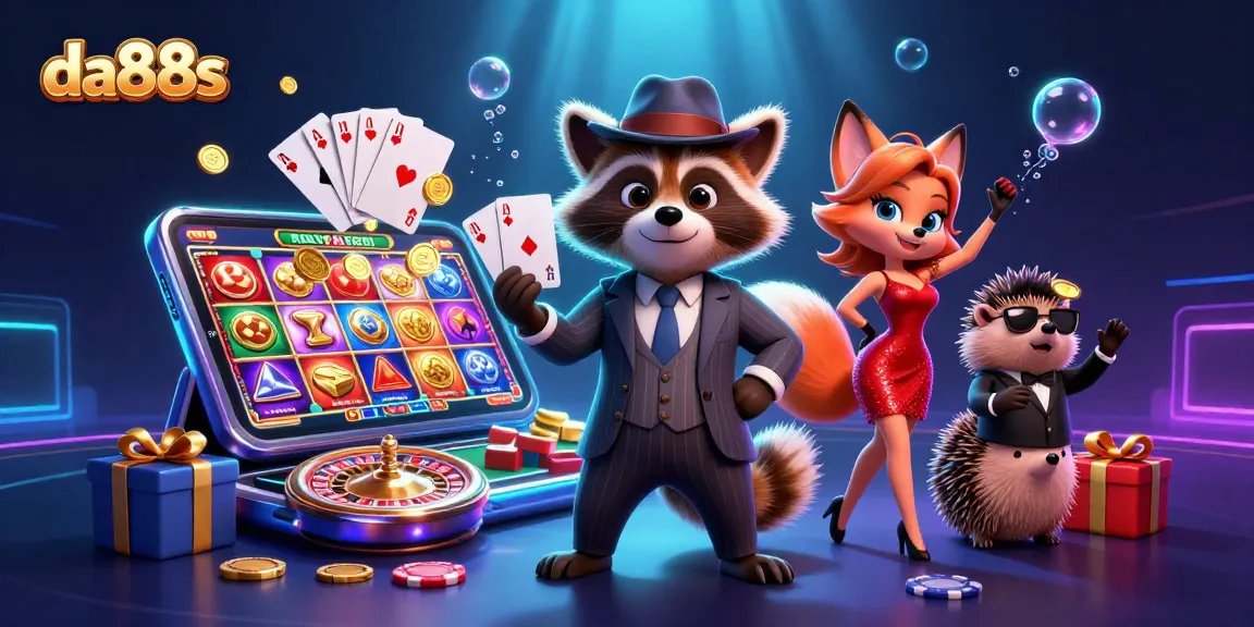 Experience the thrill of gaming at da88s with a charismatic raccoon and friends in a vibrant casino scene.