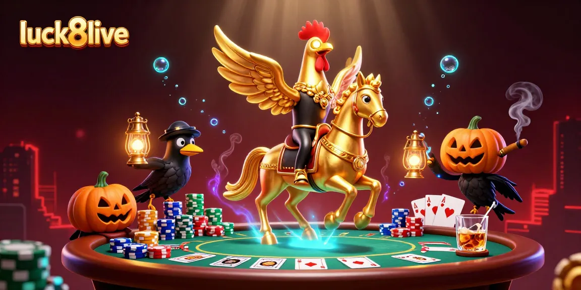 Experience the thrilling atmosphere with luck8live as the golden rooster leads the night in an exciting casino scene.