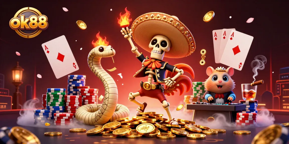 Experience the excitement of ok88 as skeleton mariachi dances on gold coins in a vibrant casino scene.
