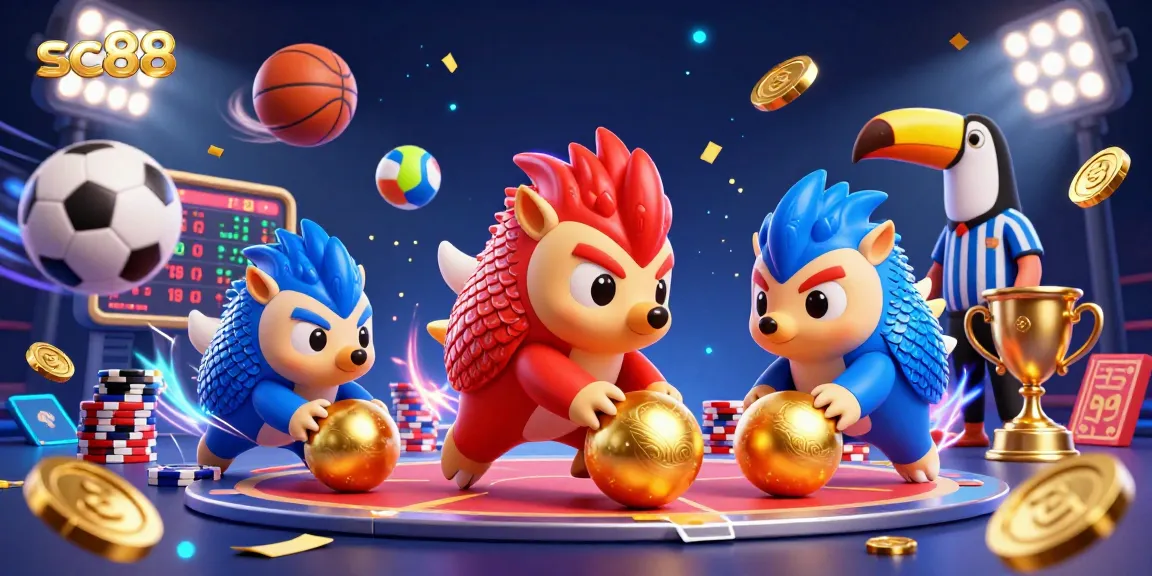 Experience the thrill of sc88 with vibrant pangolins bowling through poker chips in a dynamic casino atmosphere.