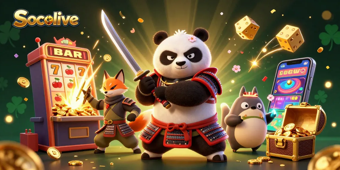 Socolive offers a thrilling experience with fierce samurai panda and ninja fox amidst vibrant casino action.