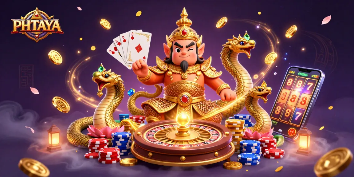 PHTAYA showcases vibrant 3D digital illustration of a Thai guardian, cascading coins, and lively casino elements.